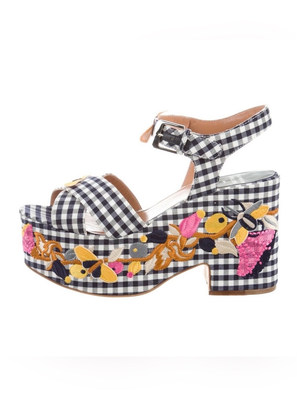 Laurence Dacade Paris Gingham Floral Embroidered Platform Sandals | Size 39.5